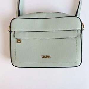 Telena Mint Green Vegan Leather Crossbody Camera Bag Gold Tone Adjustable Strap
